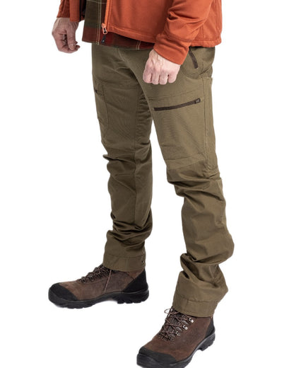 Hunting Olive Coloured Pinewood Mens Finnveden Hybrid Trousers on white background #colour_hunting-olive