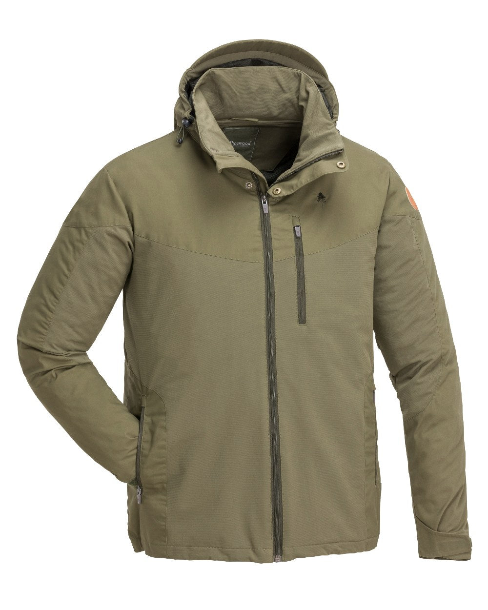 Hunting Olive Coloured Pinewood Mens Finnveden Hybrid Jacket on white background #colour_hunting-olive