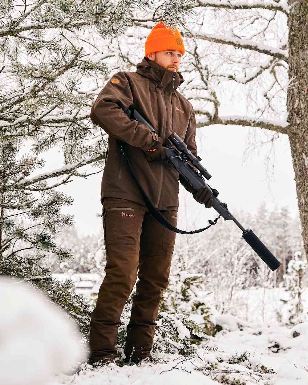 Suede Brown Dark Olive Coloured Pinewood Mens Furudal Caribou Hunt Extreme Jacket on snow background #colour_suede-brown-dark-olive