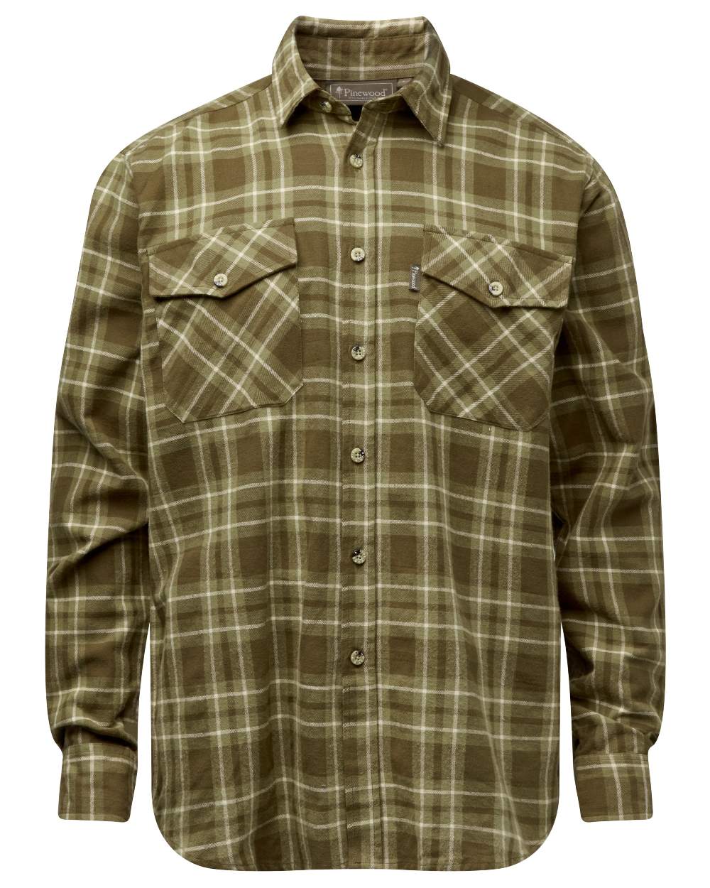 Olive Green coloured Pinewood Mens Harjedalen Shirt on white background #colour_olive-green