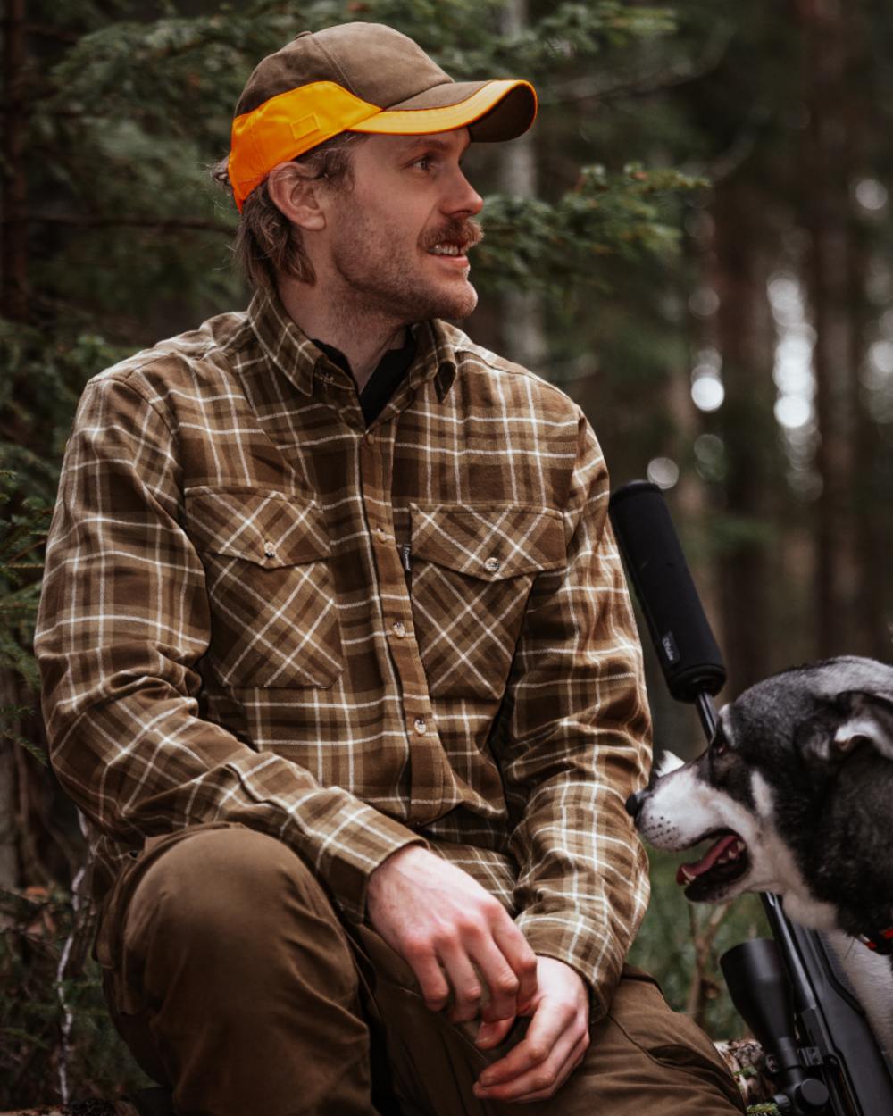 Olive Green coloured Pinewood Mens Harjedalen Shirt on forest background #colour_olive-green