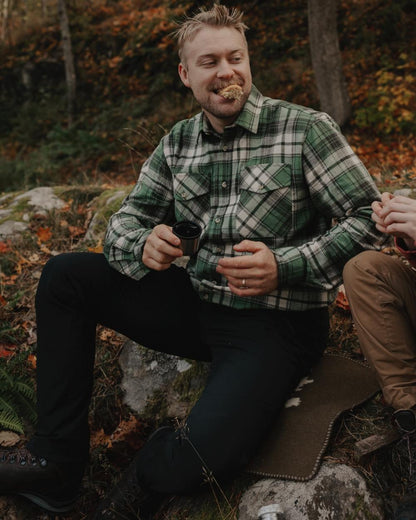 Sage Green Moss Green coloured Pinewood Mens Harjedalen Shirt on forest background #colour_sage-green-moss-green