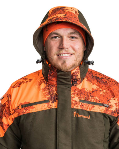 Mossgreen Strata Blaze Coloured Pinewood Mens Hunter Pro Xtreme 2.0 Camou Jacket on white background #colour_mossgreen-strata-blaze