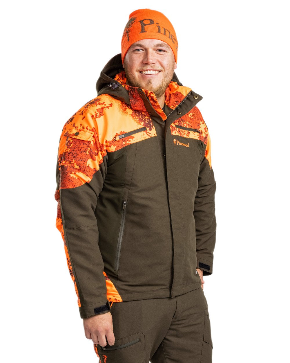 Mossgreen Strata Blaze Coloured Pinewood Mens Hunter Pro Xtreme 2.0 Camou Jacket on white background #colour_mossgreen-strata-blaze