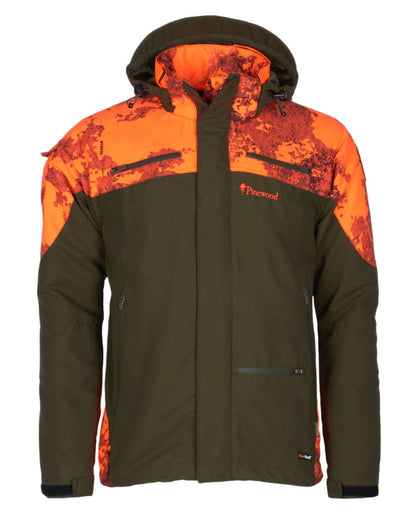 Mossgreen Strata Blaze Coloured Pinewood Mens Hunter Pro Xtreme 2.0 Camou Jacket on white background #colour_mossgreen-strata-blaze