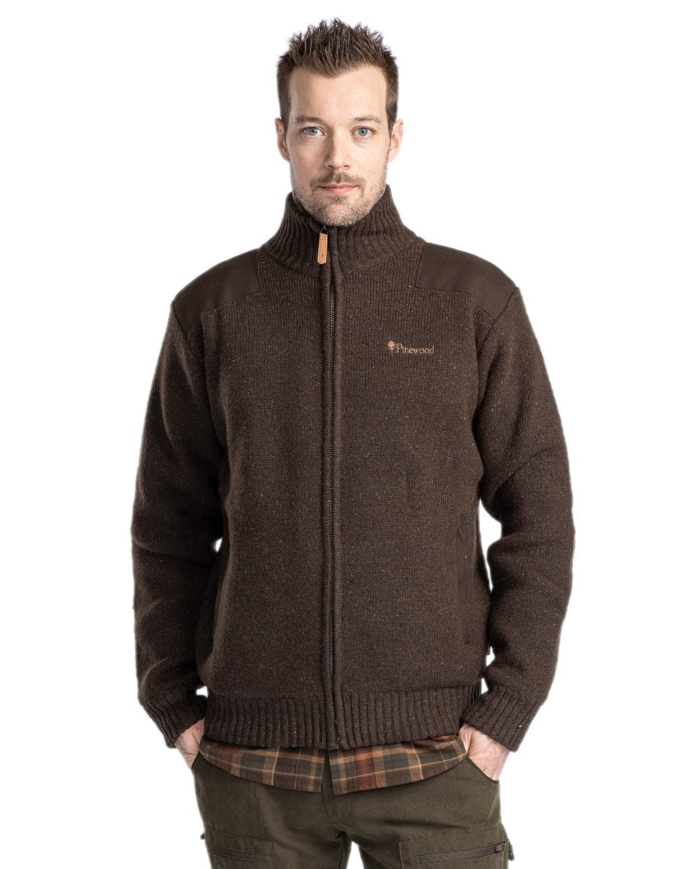Dark Brown Mel Coloured Pinewood Mens Hurricane Full Zip Sweater on white background #colour_dark-brown-mel