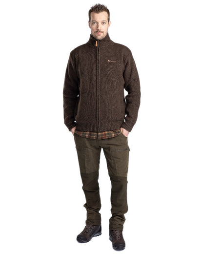 Dark Brown Mel Coloured Pinewood Mens Hurricane Full Zip Sweater on white background #colour_dark-brown-mel