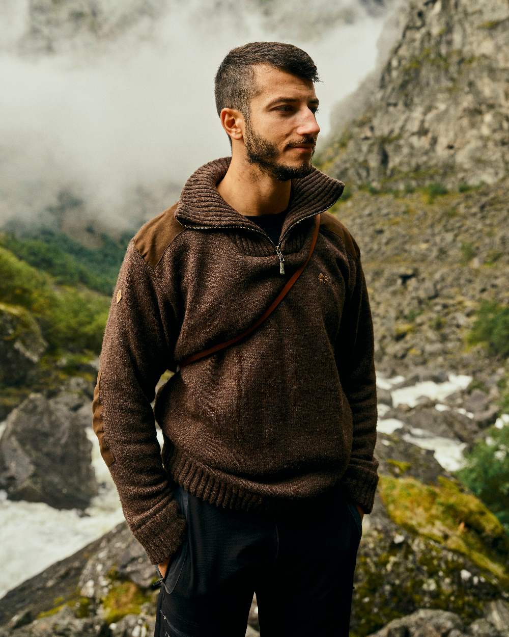 Brown Mel Coloured Pinewood Mens Hurricane Sweater on outdoor background #colour_brown-mel