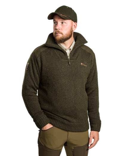 Dark Green Mel Coloured Pinewood Mens Hurricane Sweater on white background #colour_dark-green-mel