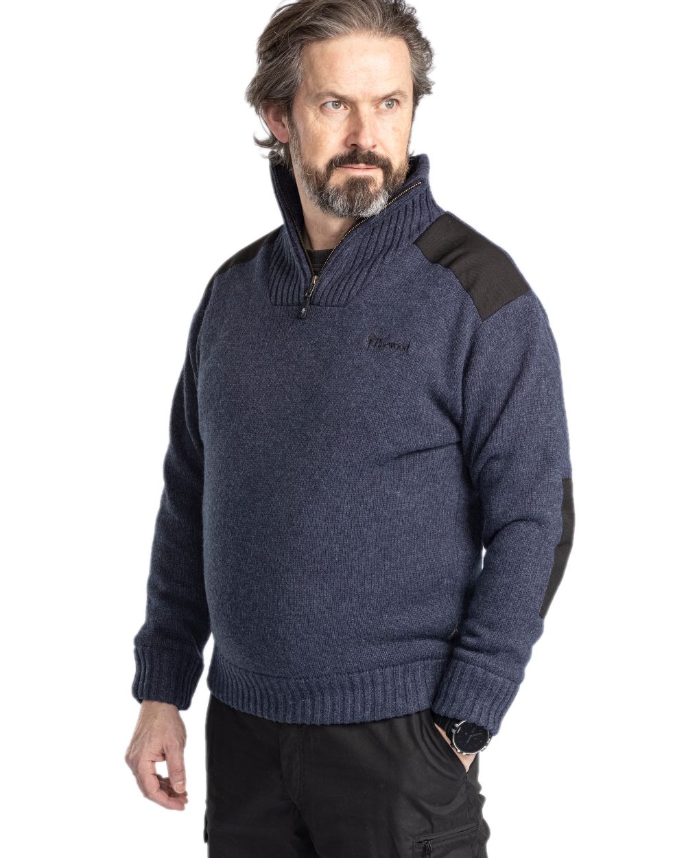 Dark Navy Mel Coloured Pinewood Mens Hurricane Sweater on white background #colour_dark-navy-mel