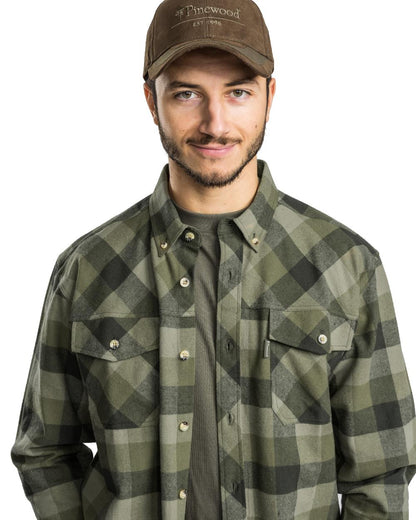 Olive Suede Brown coloured Pinewood Mens Lumbo Shirt on white background #colour_olive-suede-brown