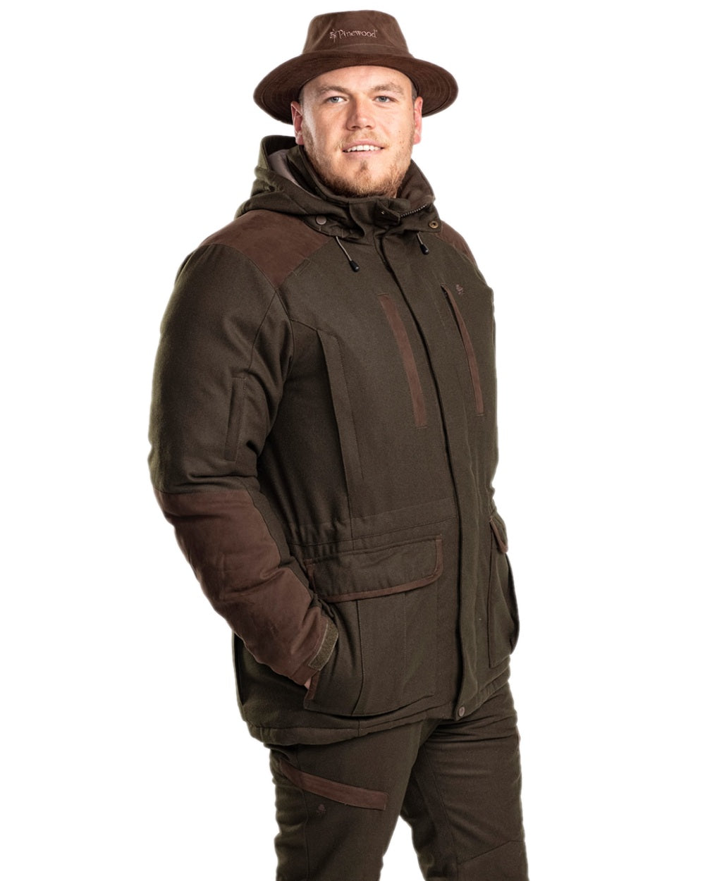 Mossgreen Suede Brown Coloured Pinewood Mens Nydala Insulation Wool Parka on white background #colour_mossgreen-suede-brown