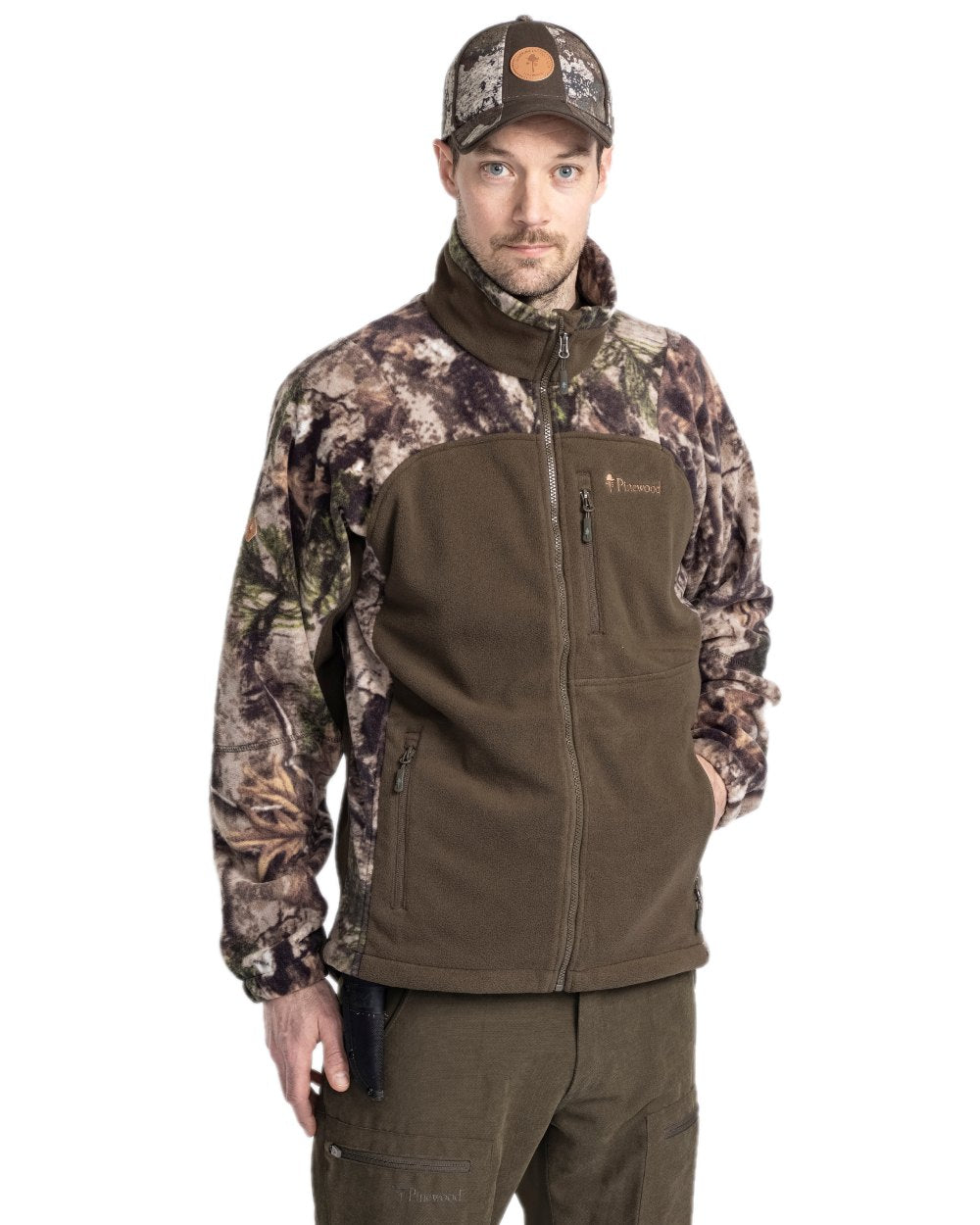 Atera Camou Hunting Green Coloured Pinewood Mens Furudal Hunters Camou Fleece Jacket on white background #colour_atera-camou-hunting-green