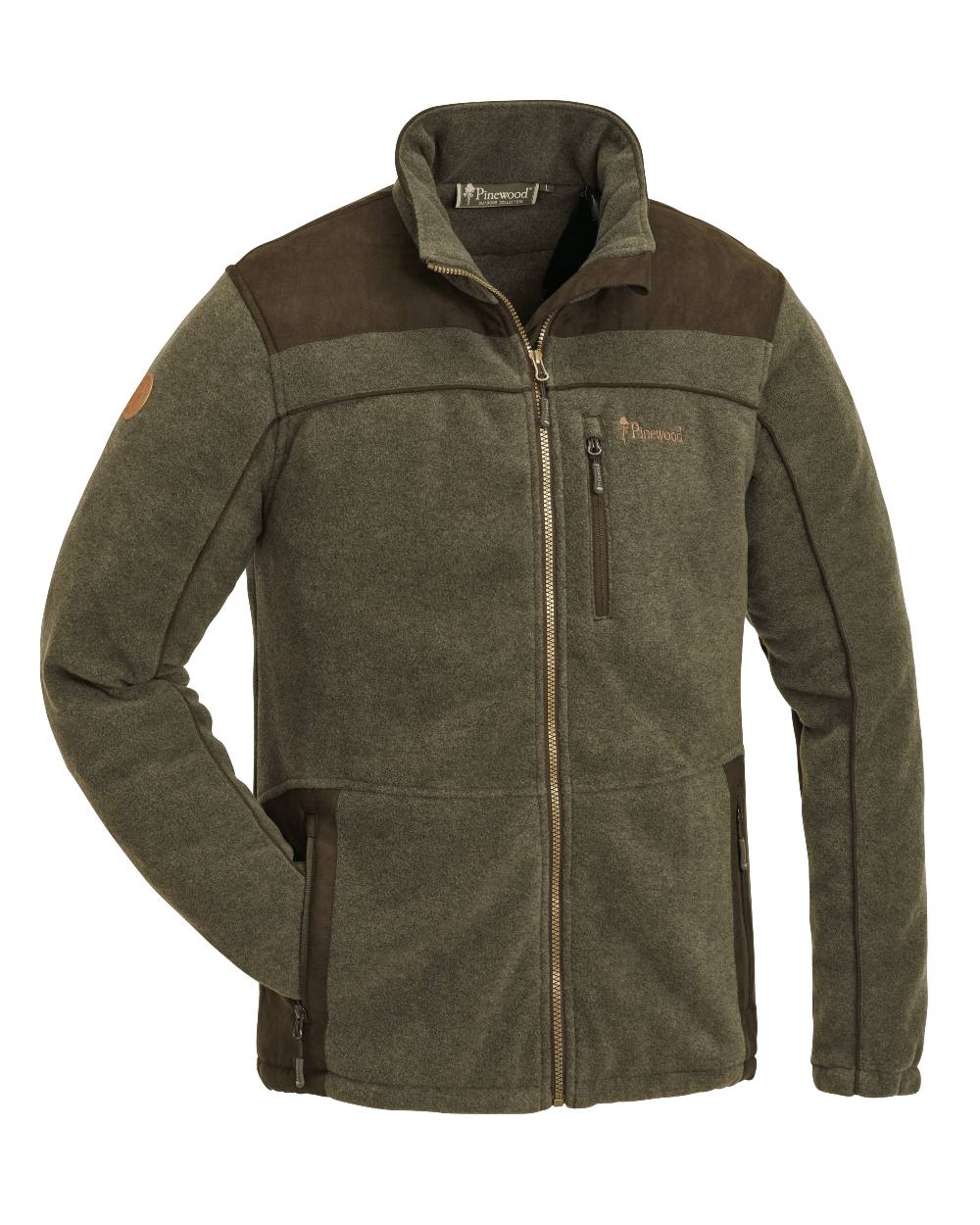 Olive Mel Suede Brown Coloured Pinewood Mens Prestwick Exclusive Fleece Jacket on white background #colour_olive-mel-suede-brown