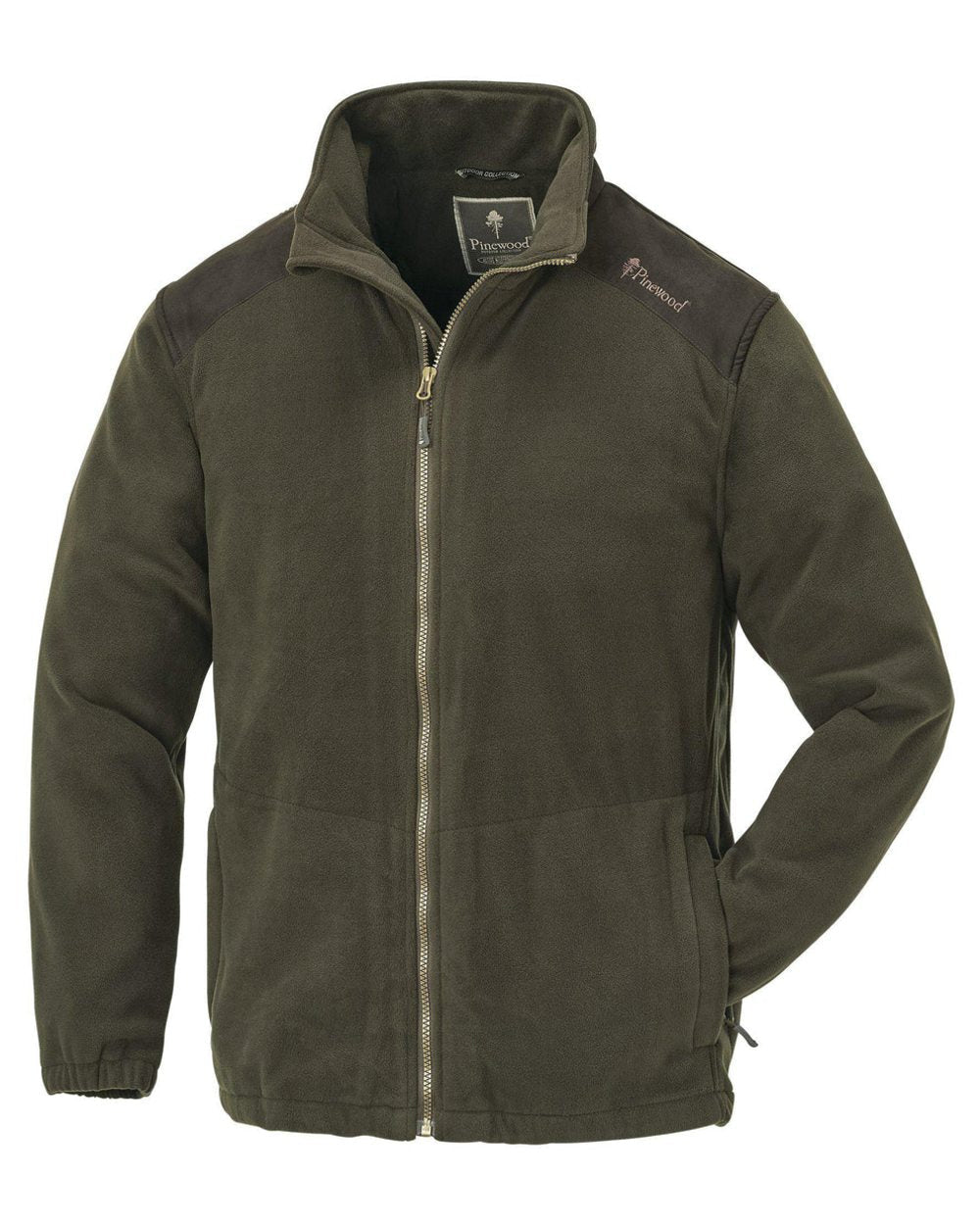 Dark Olive Suede Brown coloured Pinewood Mens Retriever Fleece Jacket on white background #colour_dark-olive-suede-brown