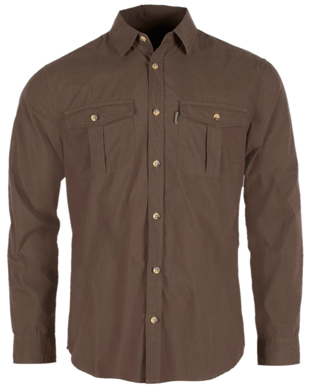 Dark Olive Coloured Pinewood Mens Safari Long Sleeve Shirt on white background #colour_dark-olive