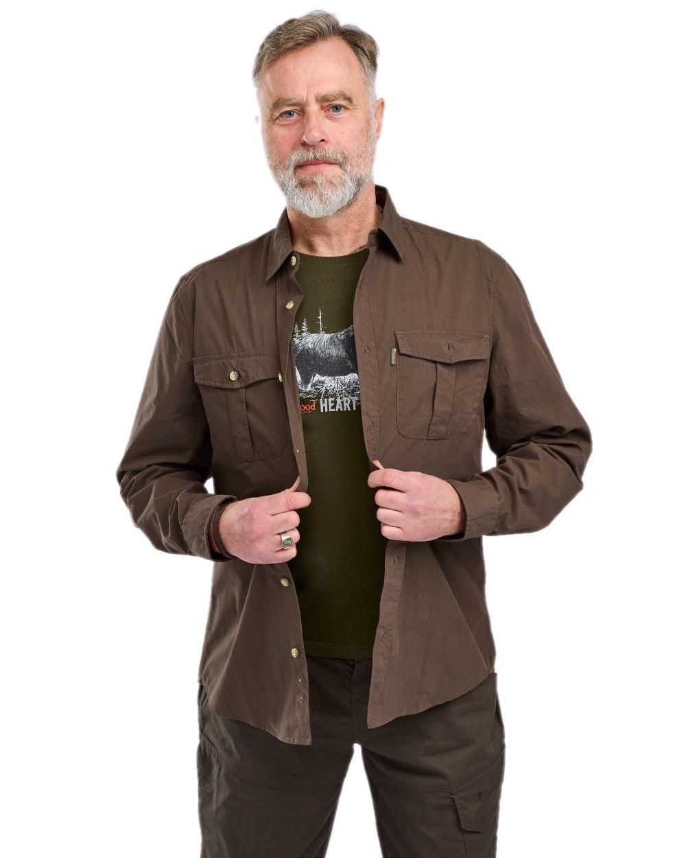 Dark Olive Coloured Pinewood Mens Safari Long Sleeve Shirt on white background #colour_dark-olive