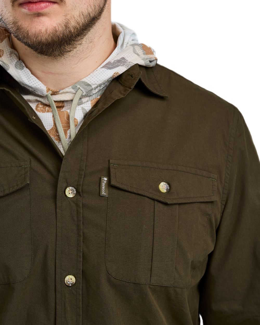 Moss Green Coloured Pinewood Mens Safari Long Sleeve Shirt on white background #colour_moss-green