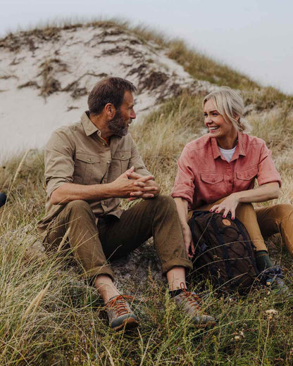 Sandstone Coloured Pinewood Mens Safari Long Sleeve Shirt on outdoor background #colour_sandstone