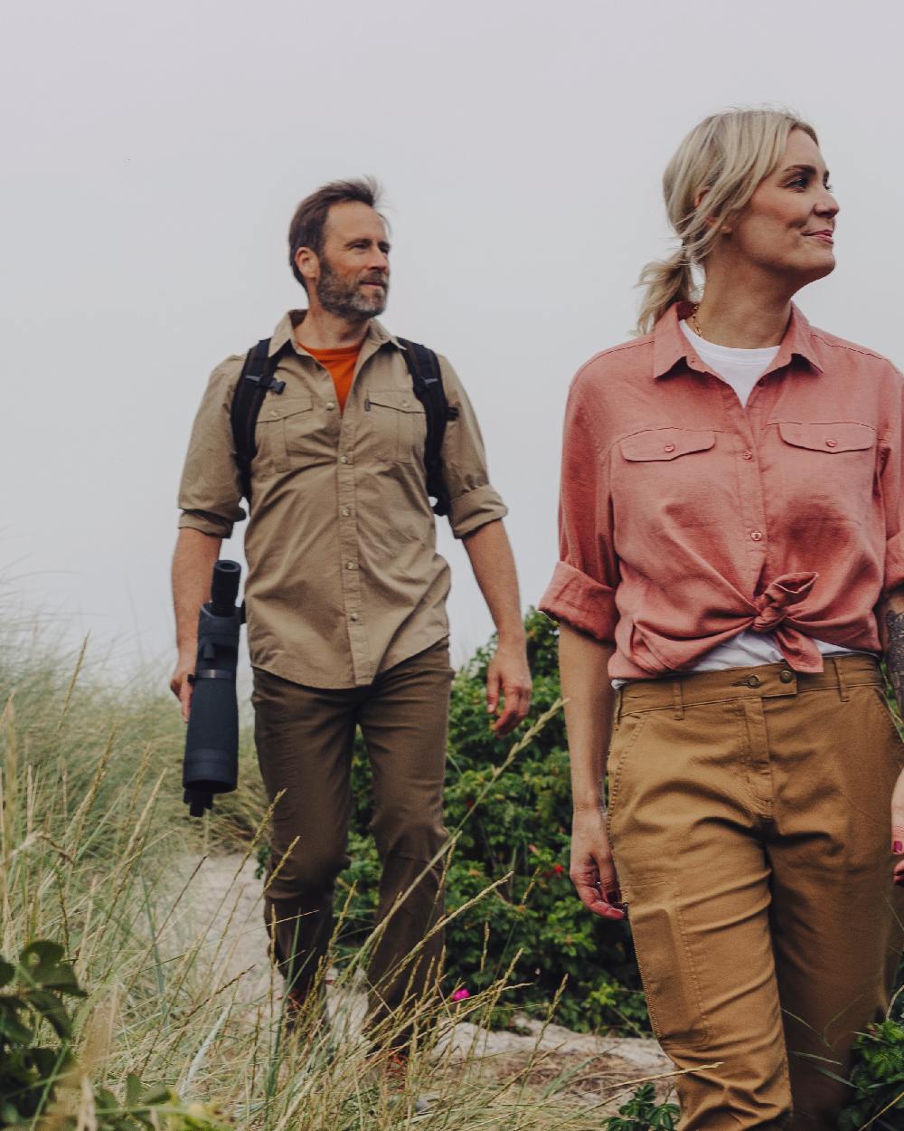 Sandstone Coloured Pinewood Mens Safari Long Sleeve Shirt on outdoor background #colour_sandstone