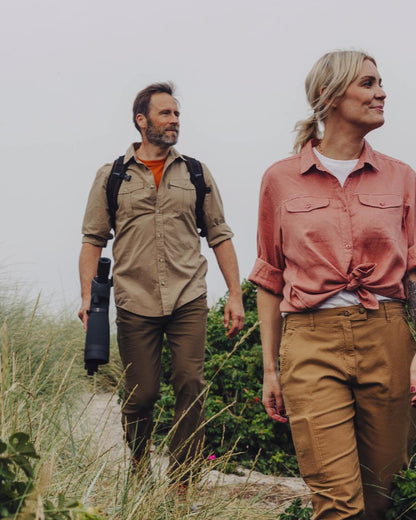 Sandstone Coloured Pinewood Mens Safari Long Sleeve Shirt on outdoor background #colour_sandstone