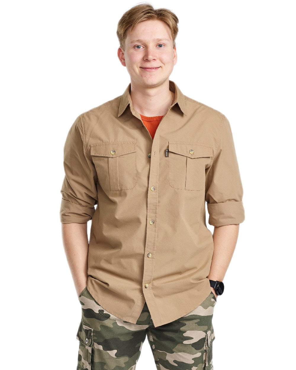 Sandstone Coloured Pinewood Mens Safari Long Sleeve Shirt on white background #colour_sandstone