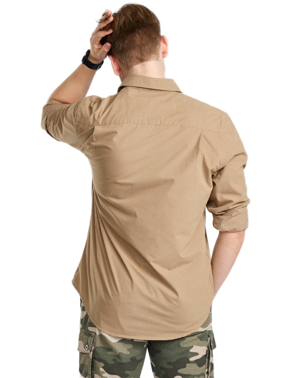 Sandstone Coloured Pinewood Mens Safari Long Sleeve Shirt on white background #colour_sandstone