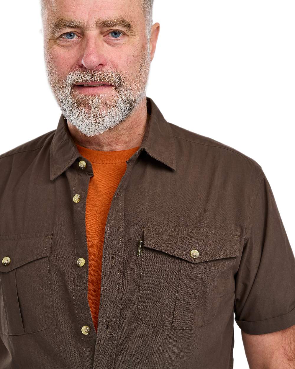 Dark Olive Coloured Pinewood Mens Safari Short Sleeve Shirt on white background #colour_dark-olive