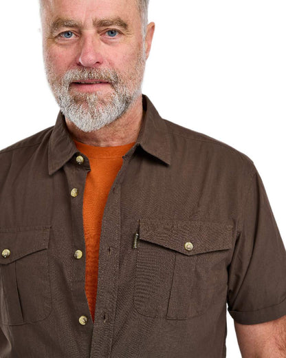 Dark Olive Coloured Pinewood Mens Safari Short Sleeve Shirt on white background #colour_dark-olive
