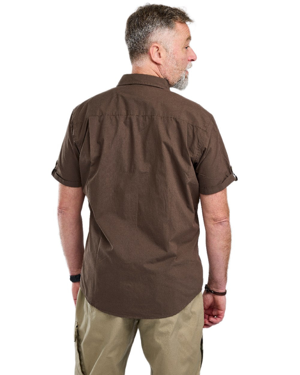 Dark Olive Coloured Pinewood Mens Safari Short Sleeve Shirt on white background #colour_dark-olive