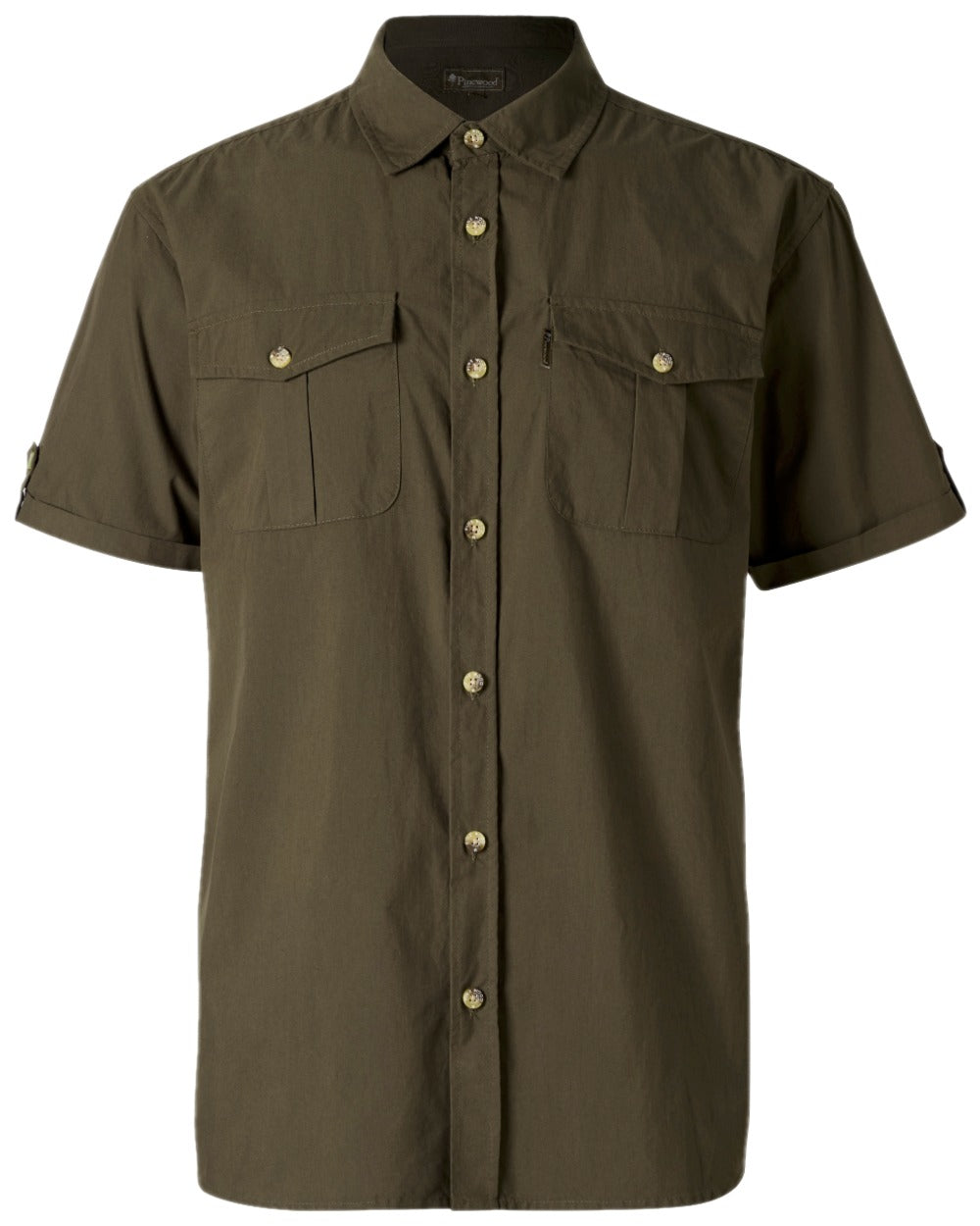 Moss Green Coloured Pinewood Mens Safari Short Sleeve Shirt on white background #colour_moss-green