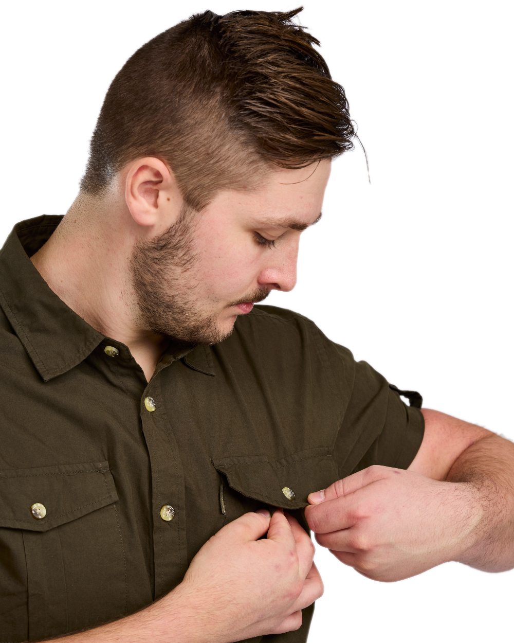 Moss Green Coloured Pinewood Mens Safari Short Sleeve Shirt on white background #colour_moss-green