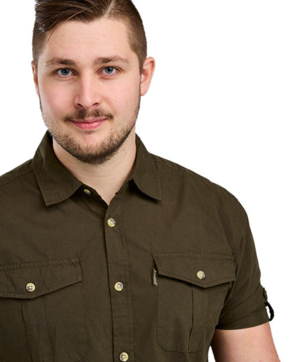 Moss Green Coloured Pinewood Mens Safari Short Sleeve Shirt on white background #colour_moss-green