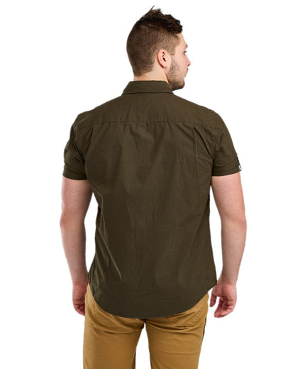 Moss Green Coloured Pinewood Mens Safari Short Sleeve Shirt on white background #colour_moss-green