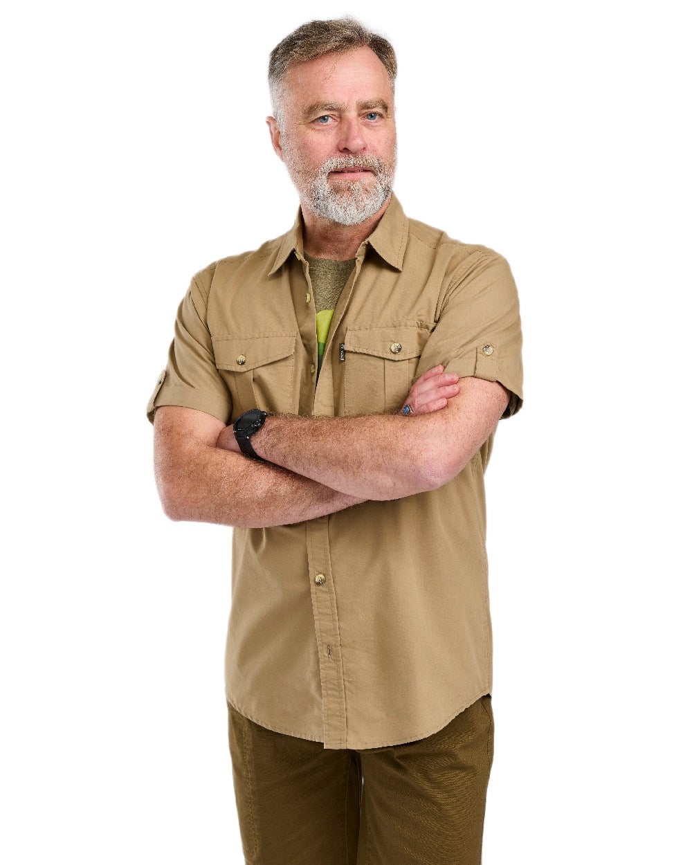 Sandstone Coloured Pinewood Mens Safari Short Sleeve Shirt on white background #colour_sandstone