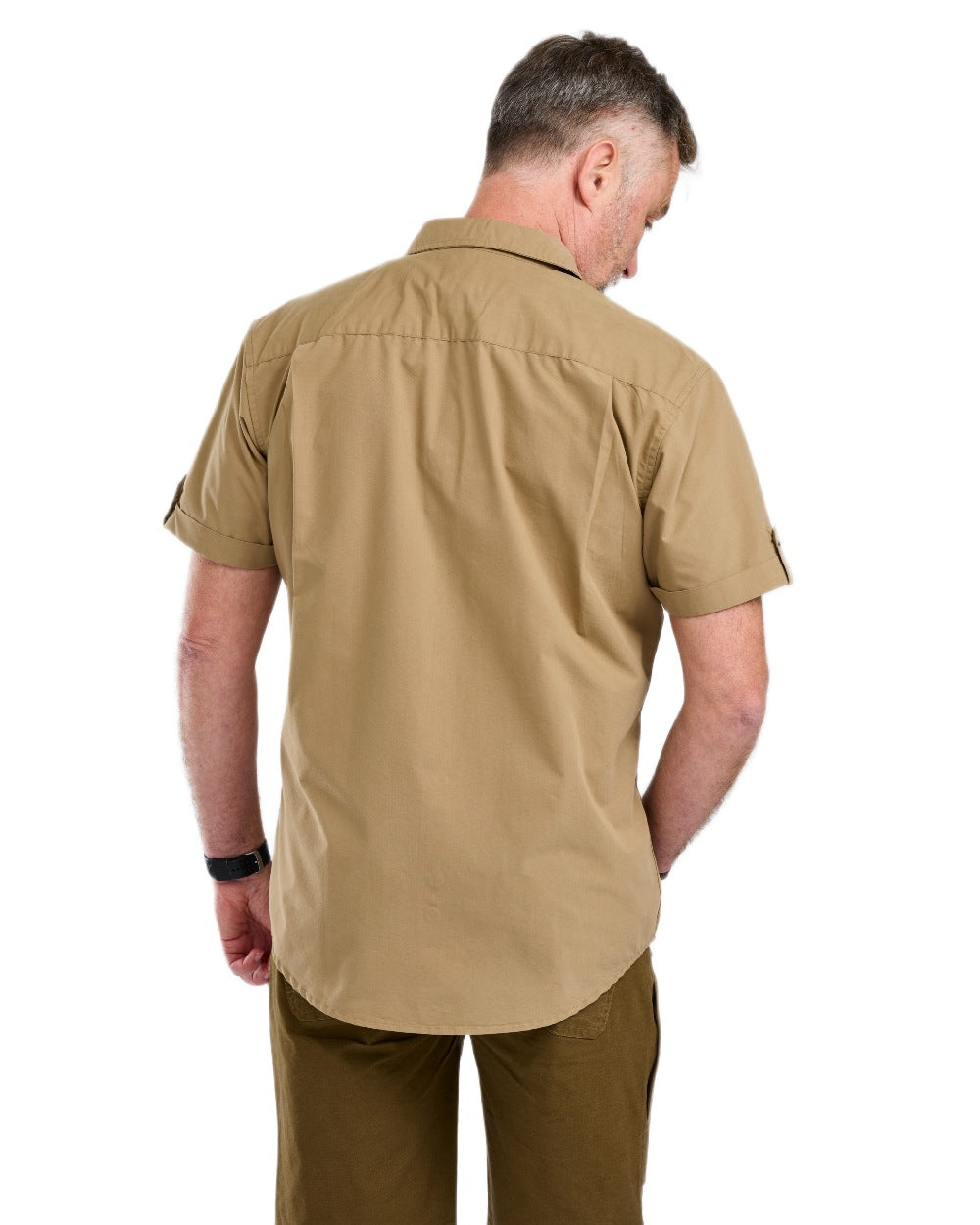 Sandstone Coloured Pinewood Mens Safari Short Sleeve Shirt on white background #colour_sandstone