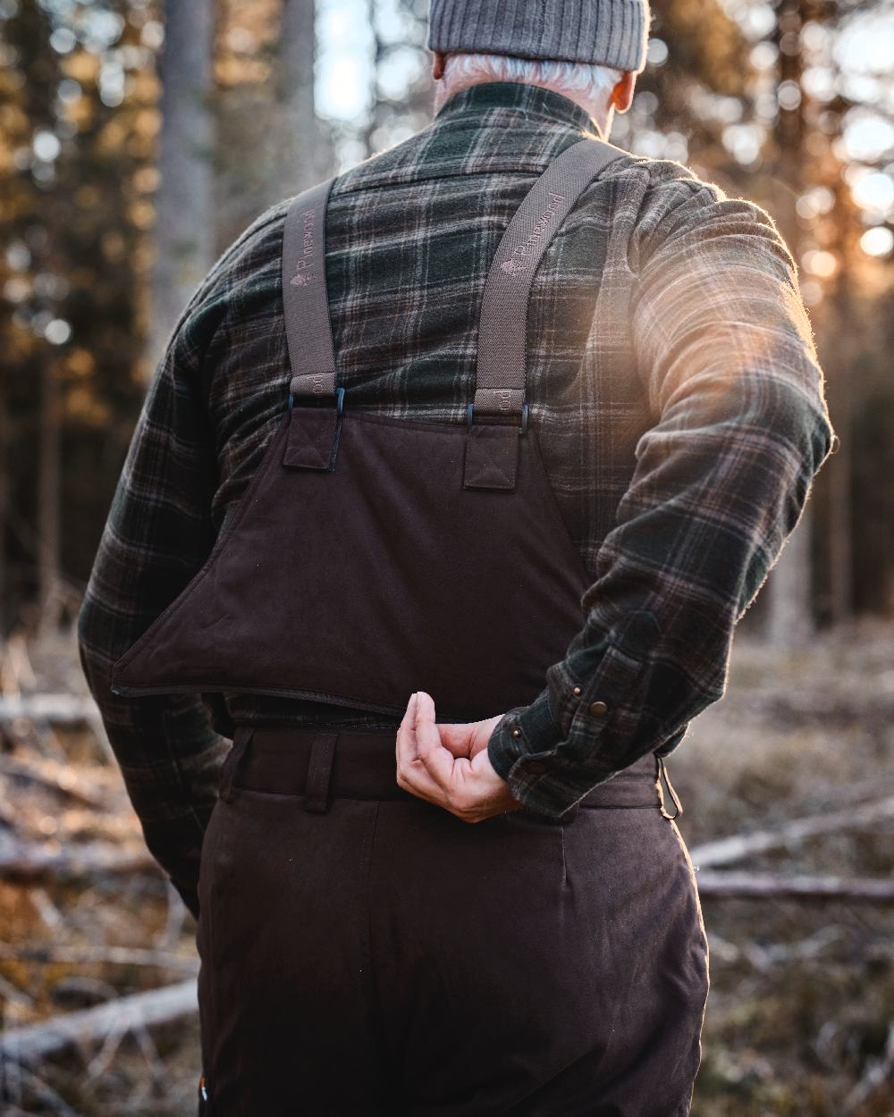 Suede Brown Coloured Pinewood Mens Smaland Abisko 2.0 Hunting Trousers on outdoor background #colour_suede-brown