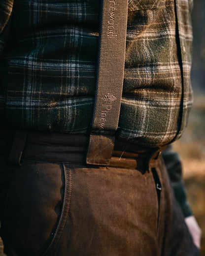 Suede Brown Coloured Pinewood Mens Smaland Abisko 2.0 Hunting Trousers on outdoor background #colour_suede-brown