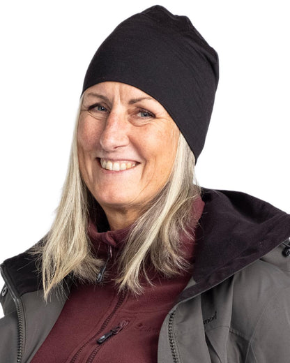 Black Coloured Pinewood Merino Wool Beanie on white background #colour_black