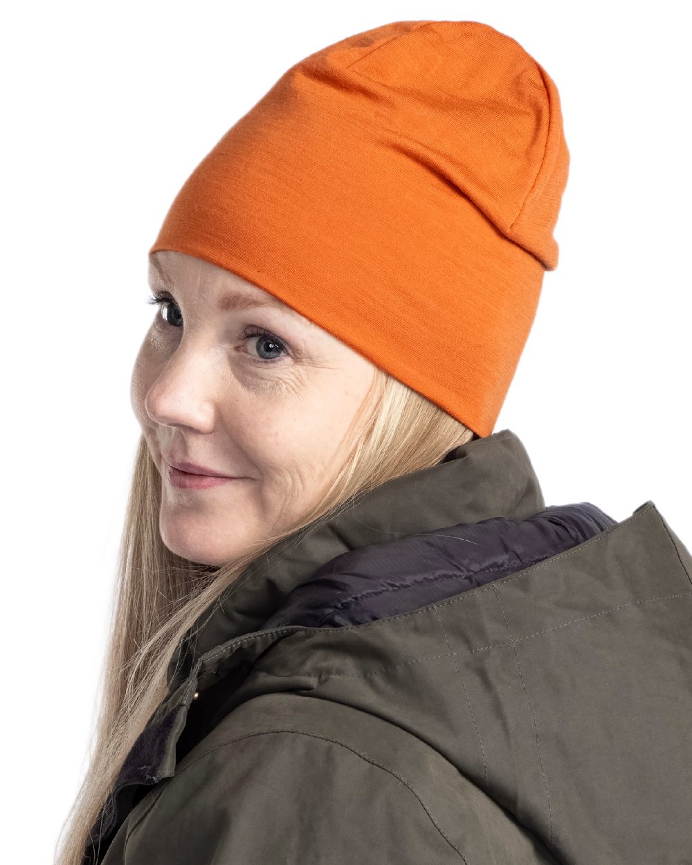 Burned Orange Coloured Pinewood Merino Wool Beanie on white background #colour_burned-orange