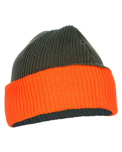 Mossgreen Orange Coloured Pinewood Smaland Reversible Hunters Hat on white background #colour_mossgreen-orange