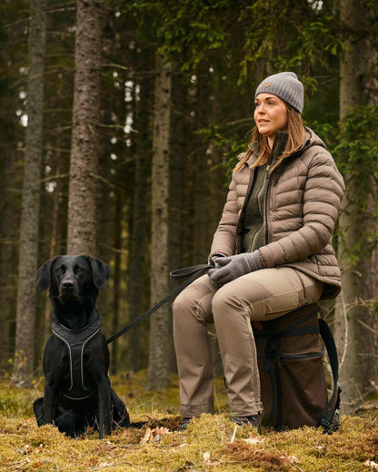 Mole Brown Coloured Pinewood Womens Abisko Brenton Trousers on forest background #colour_mole-brown