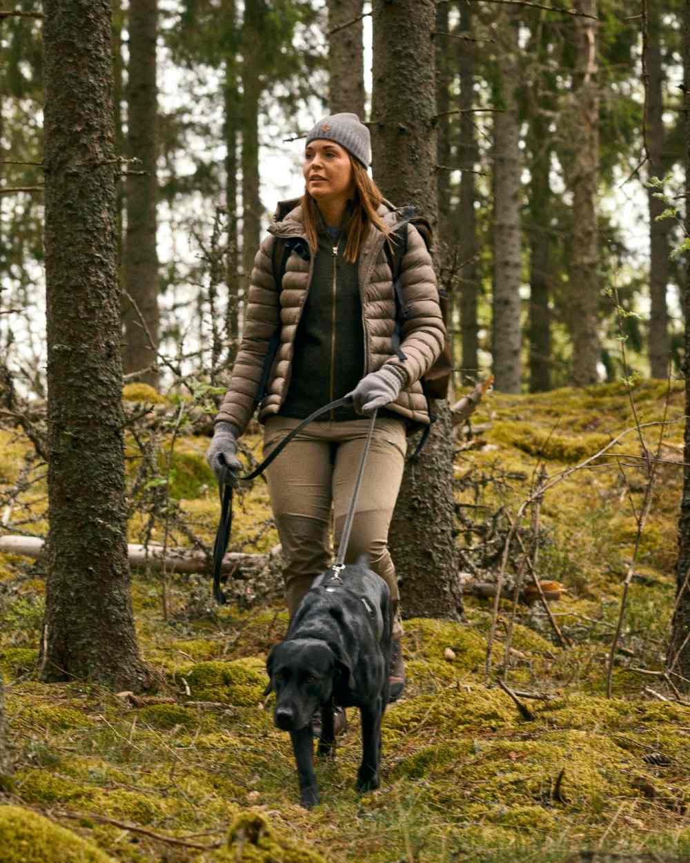 Mole Brown Coloured Pinewood Womens Abisko Brenton Trousers on forest background #colour_mole-brown