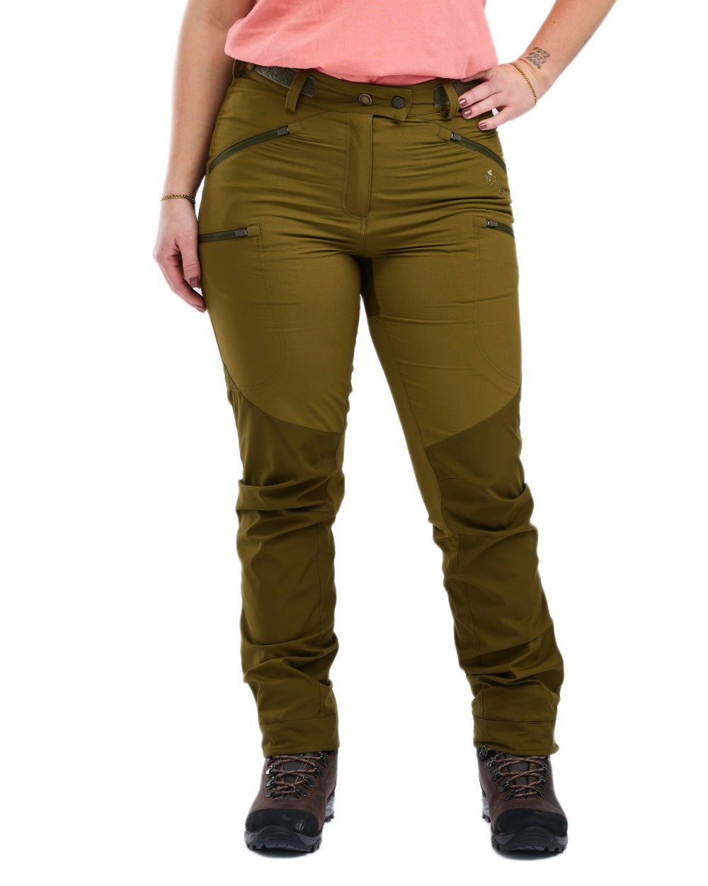 Olive Green Hunting Olive Coloured Pinewood Womens Abisko Brenton Trousers on white background #colour_olive-green-hunting-olive