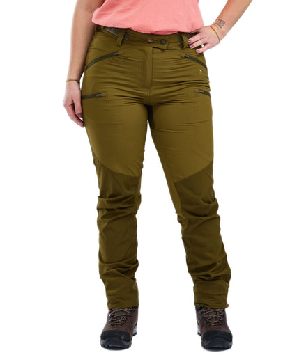 Olive Green Hunting Olive Coloured Pinewood Womens Abisko Brenton Trousers on white background #colour_olive-green-hunting-olive