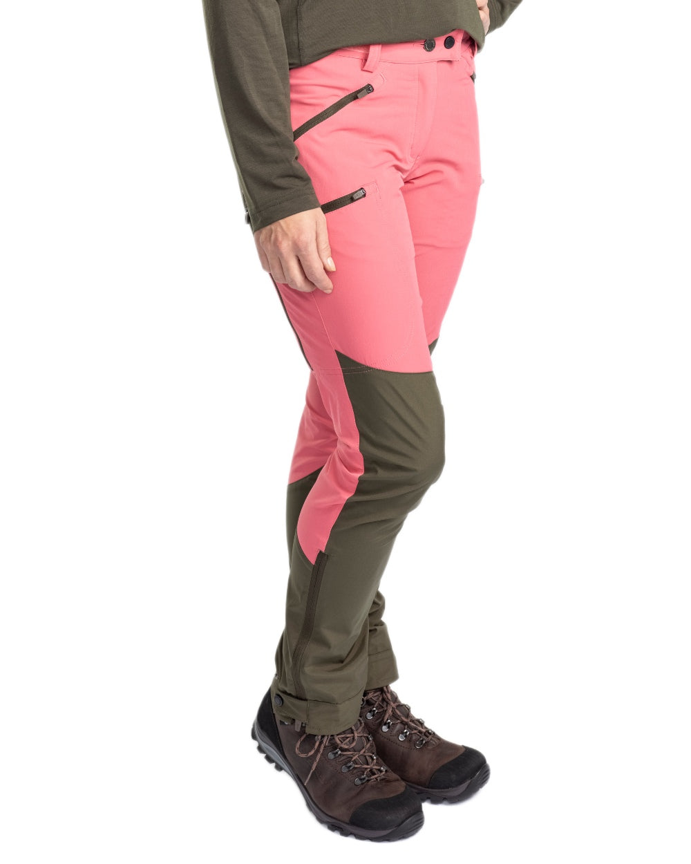 Pink Blush Mossgreen Coloured Pinewood Womens Abisko Brenton Trousers on white background #colour_pink-blush-mossgreen