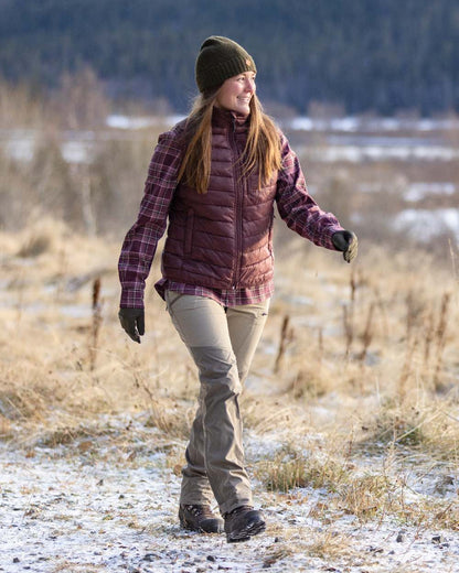 Earth Plum Coloured Pinewood Womens Abisko Insulation Vest on outdoor background #colour_earth-plum