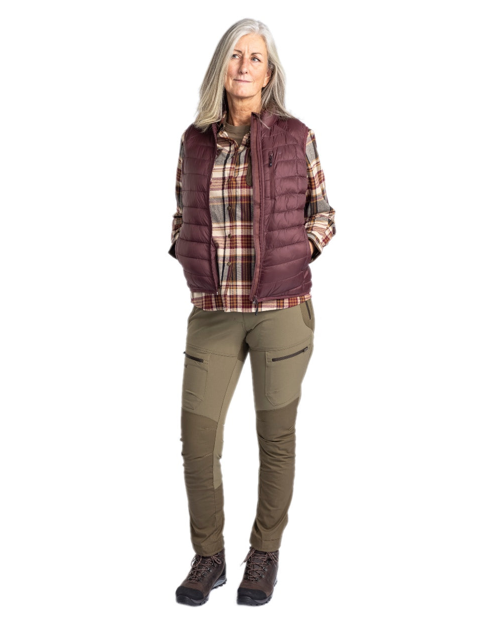 Earth Plum Coloured Pinewood Womens Abisko Insulation Vest on white background #colour_earth-plum