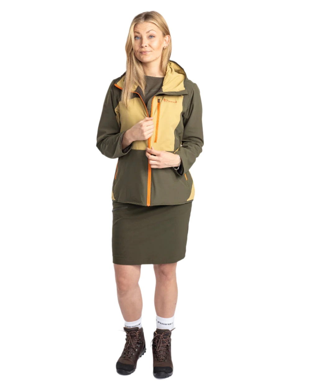 Golden Hay Mossgreen Coloured Pinewood Womens Abisko Light Stretch Jacket on white background #colour_golden-hay-mossgreen