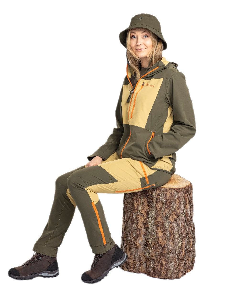 Golden Hay Mossgreen Coloured Pinewood Womens Abisko Light Stretch Trousers on white background #colour_golden-hay-mossgreen